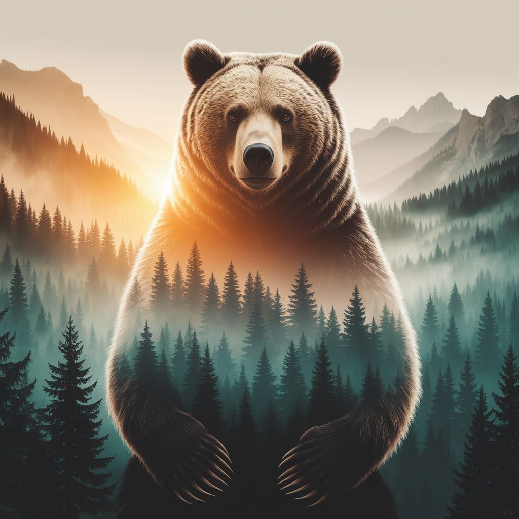 Ethereal Grizzly Bear in Golden Mountain Forest