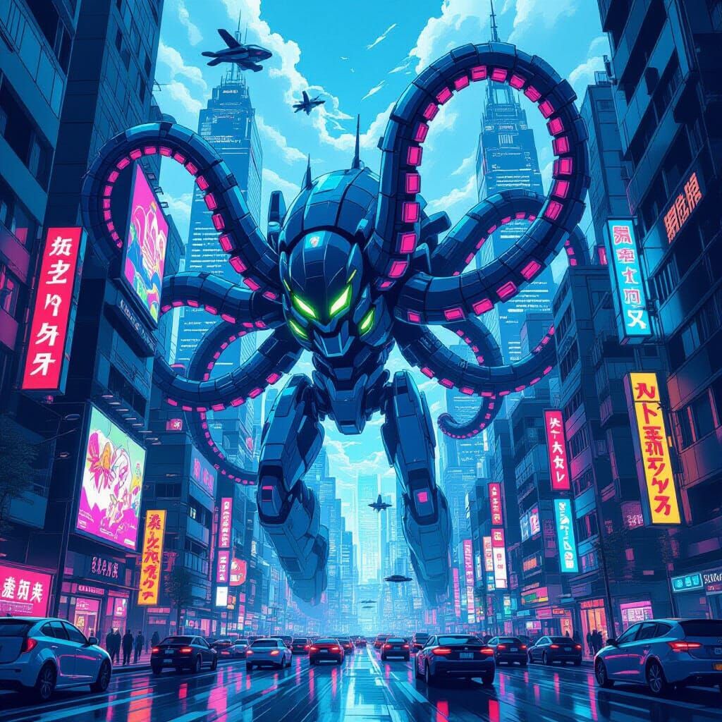 Robot Kraken Attacks Futuristic City in Anime Style