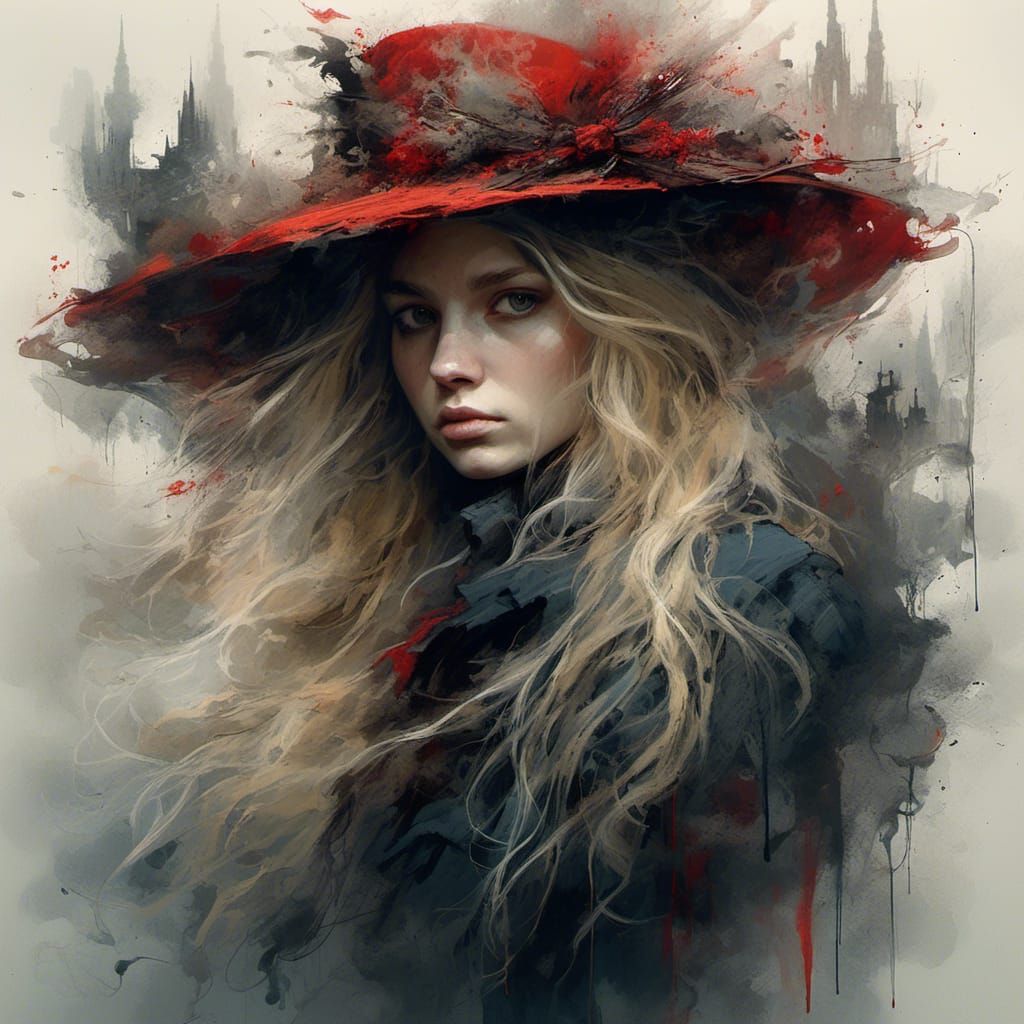 Mysterious Woman in Red Hat: Chiaroscuro Art