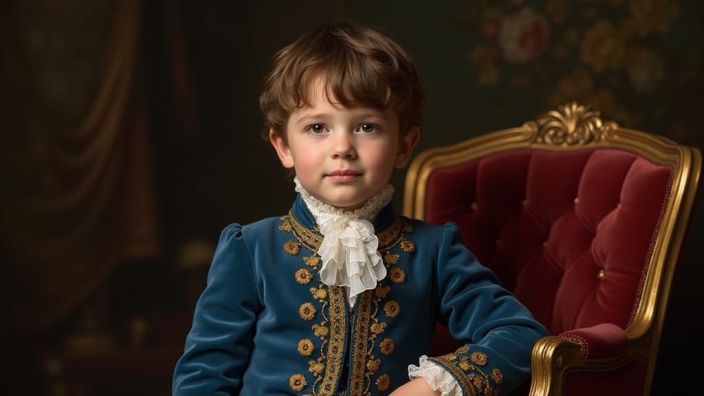 Boy in Blue Velvet Attire Inspired by Classical Art