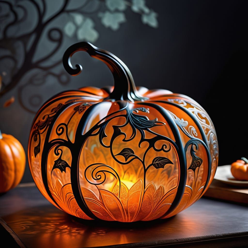 Ethereal Glass Pumpkin Glow in Art Nouveau Style
