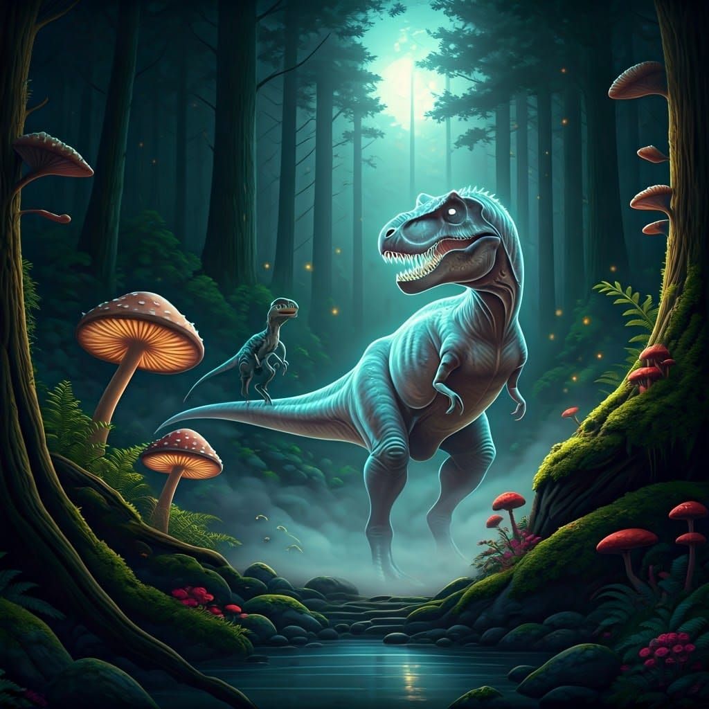 Mystical Forest Battle of Glowing Dinosaurs