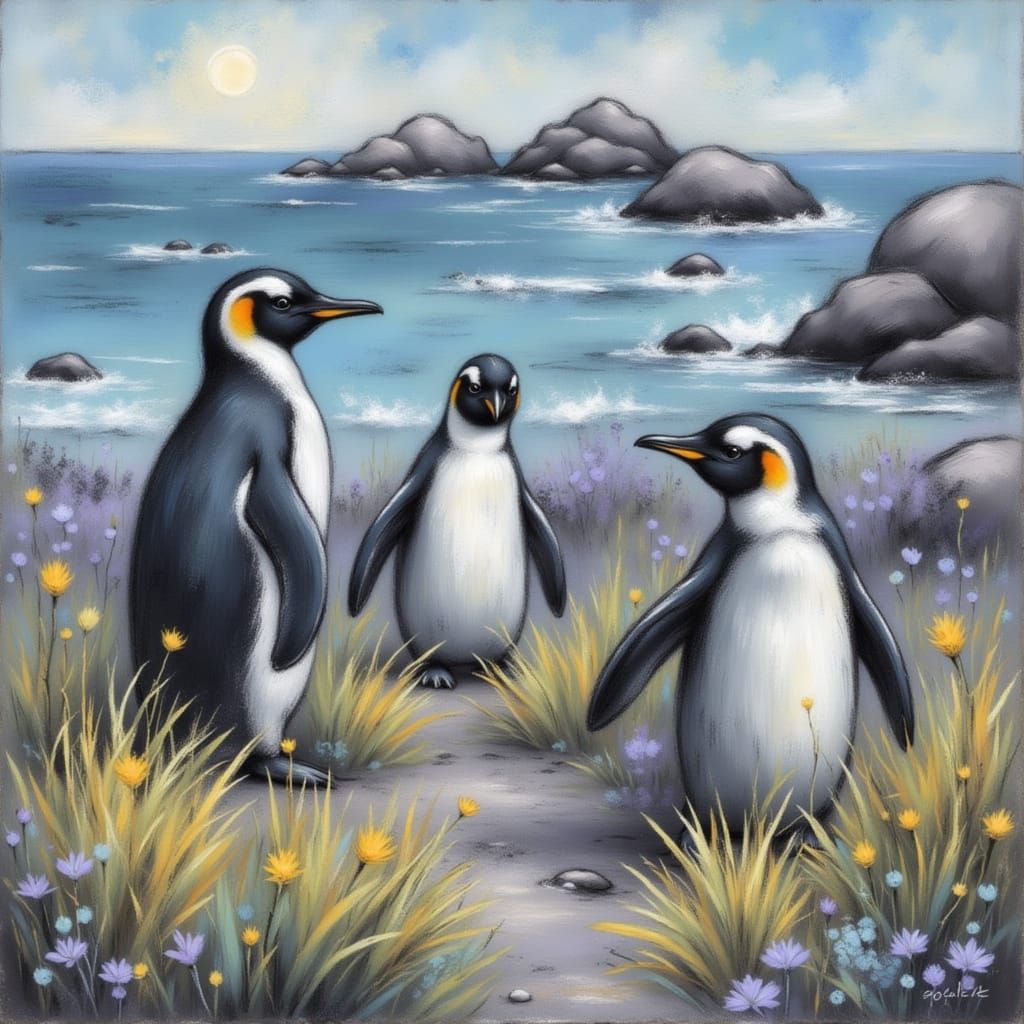 Galapagos Penguins in Chalk and Dry Brush Style