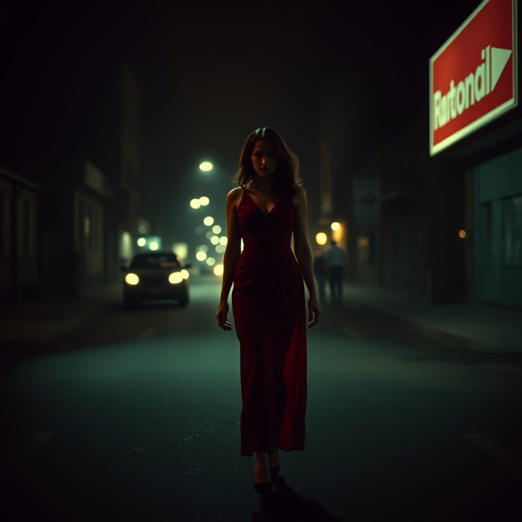 Film Noir Woman in Red on Dark Street