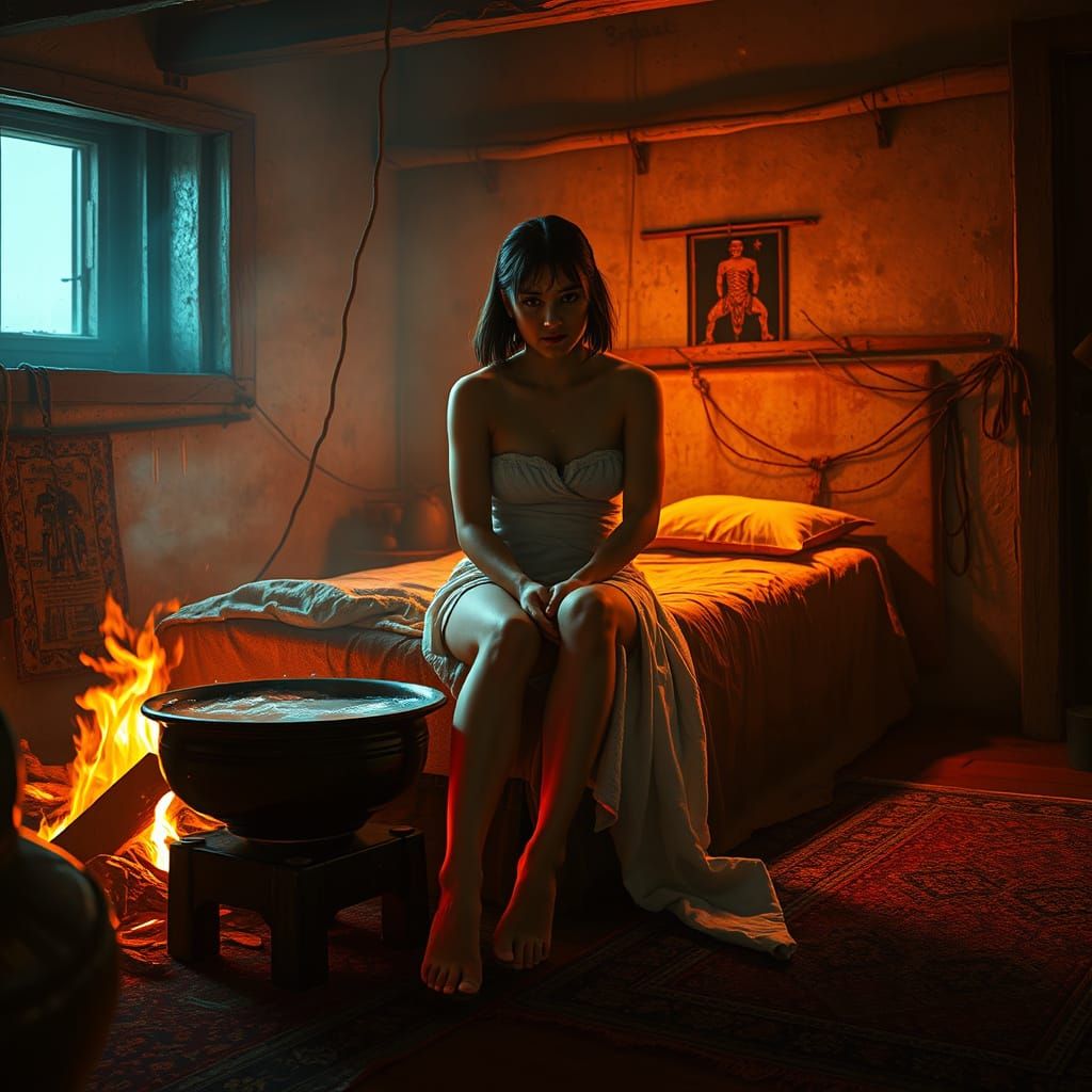 Woman Washes in Cyberpunk Stable with Neon Light