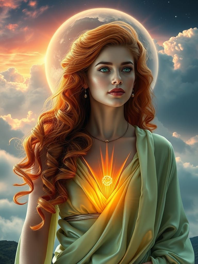 Regal Goddess of Light in Vibrant, Cosmic Landscape