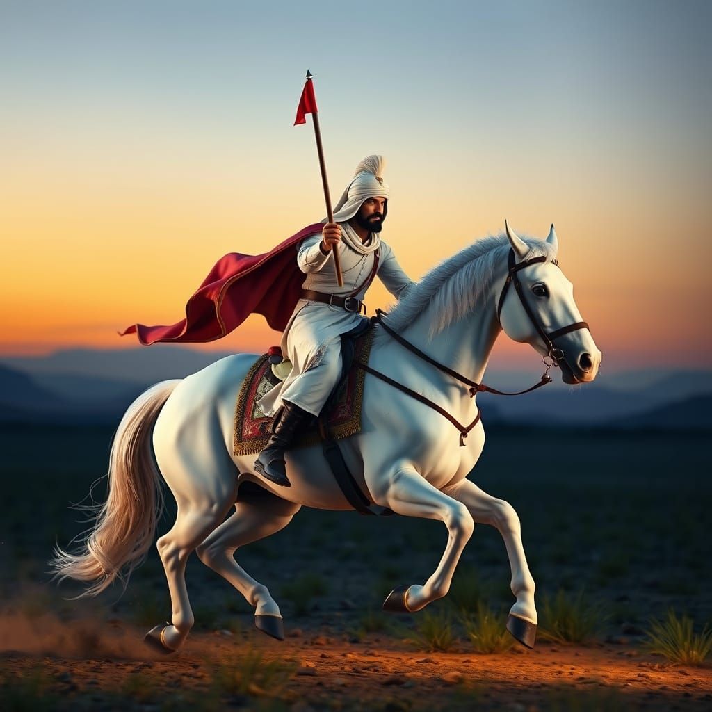 Arabian Warrior Rides a White Horse at Sunset