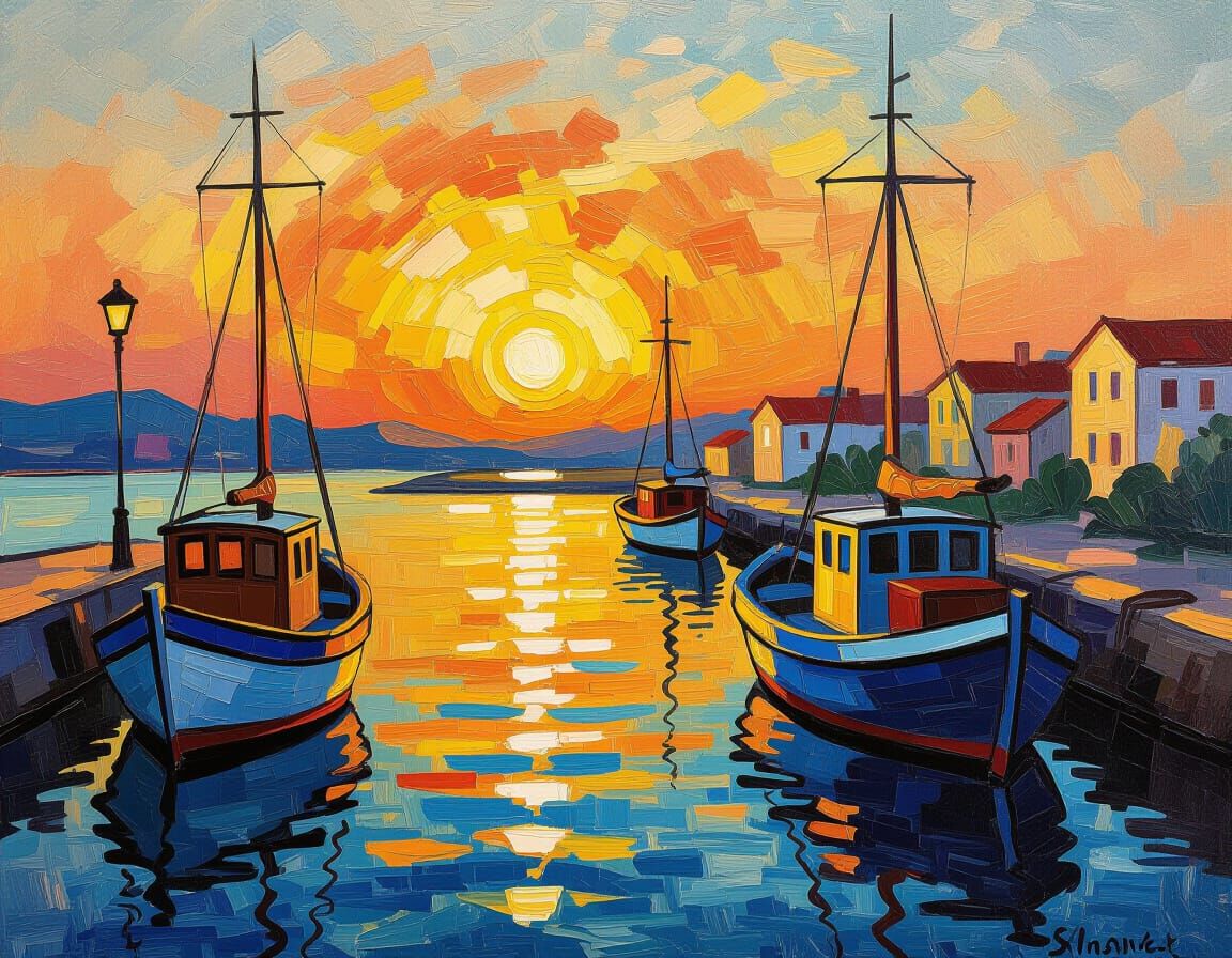 Neo-Impressionist Sunrise Harbor Scene