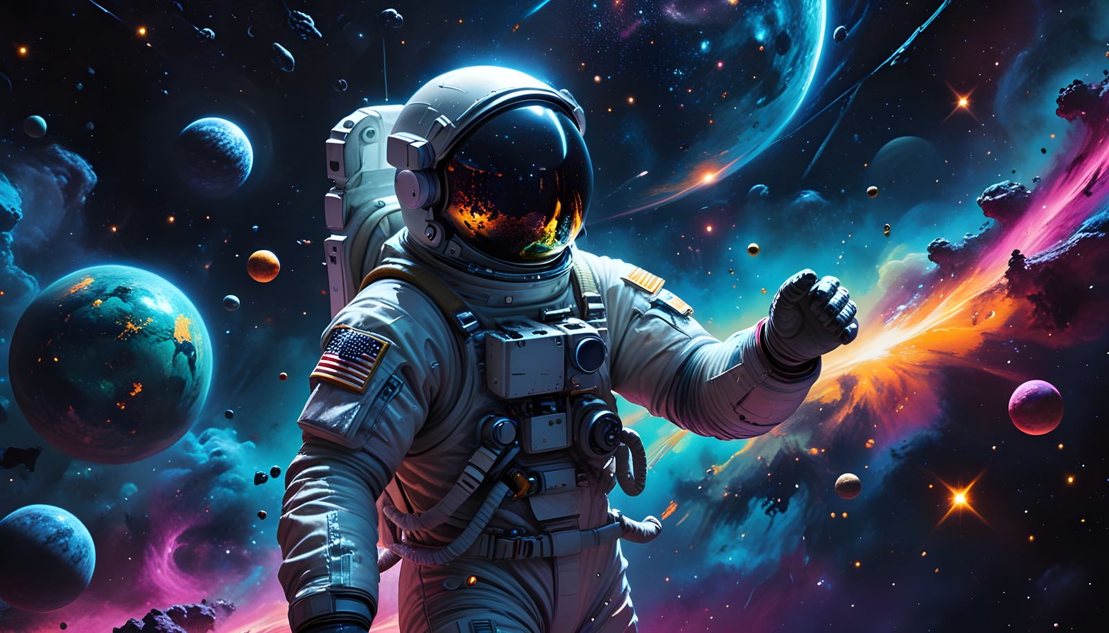 Astronaut's Neon Journey Through Opalescent Nebula