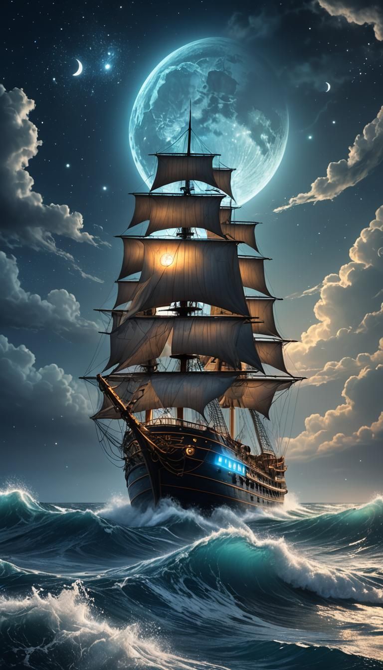Luminous Ocean Waves and Ship Under Blue Moon