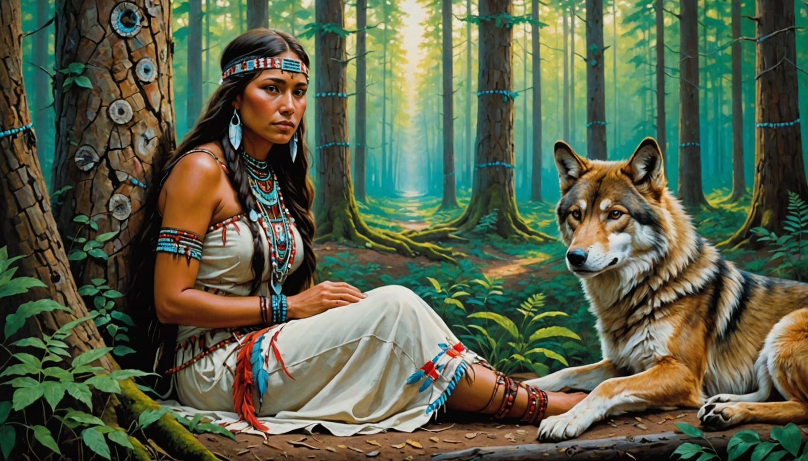 Woman in Harmony with Nature as Native American Woman and Wo...