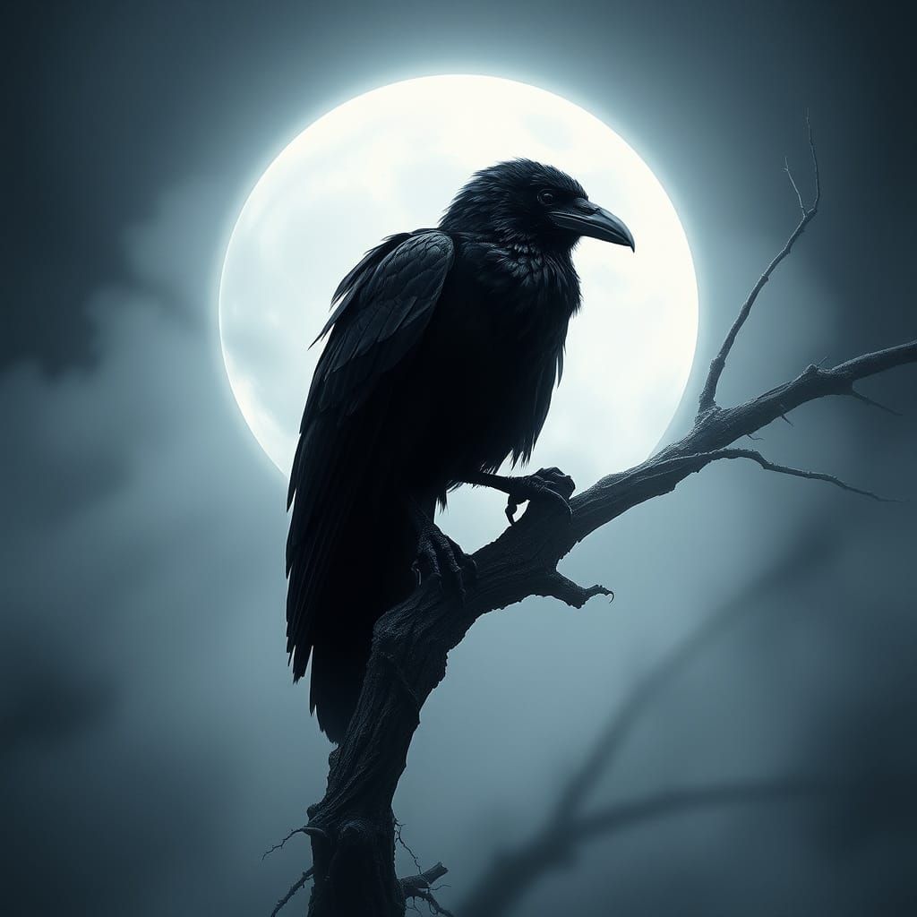 Majestic Raven Amidst Moonlit Fog