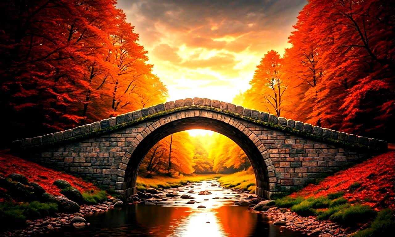 Surreal Autumn Bridge Over Winding Stream in Rich Colors
