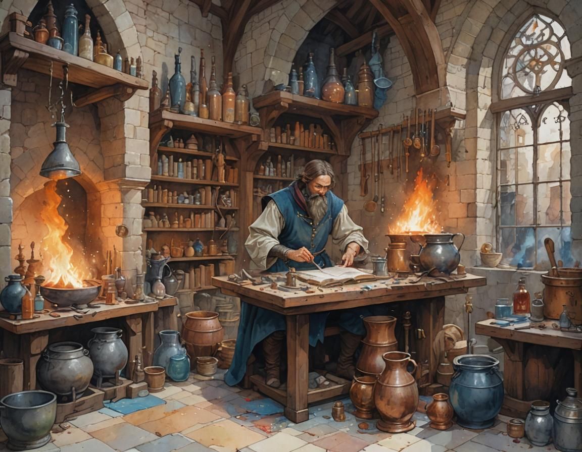 Medieval Alchemist in Castle, Watercolor and Pencil