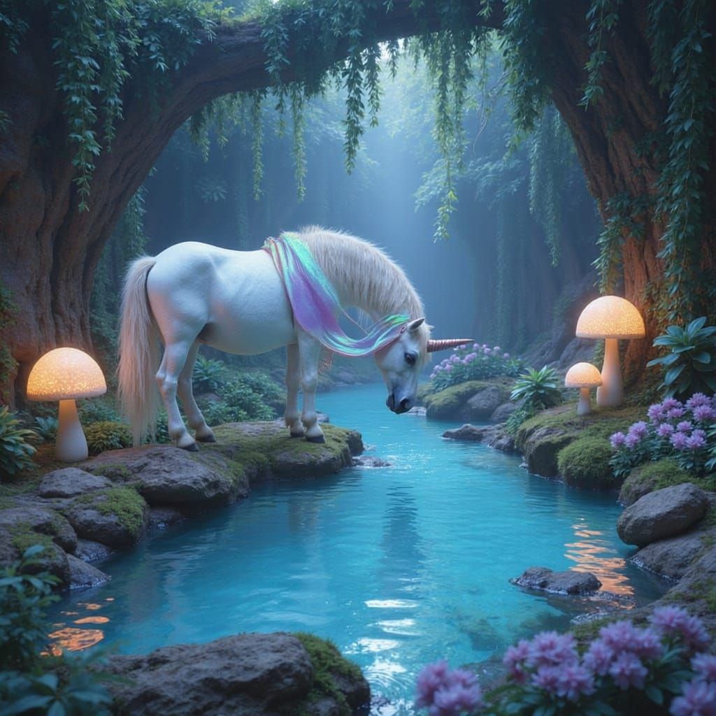 Opalescent Unicorn in Luminous Grotto, Art Nouveau Style