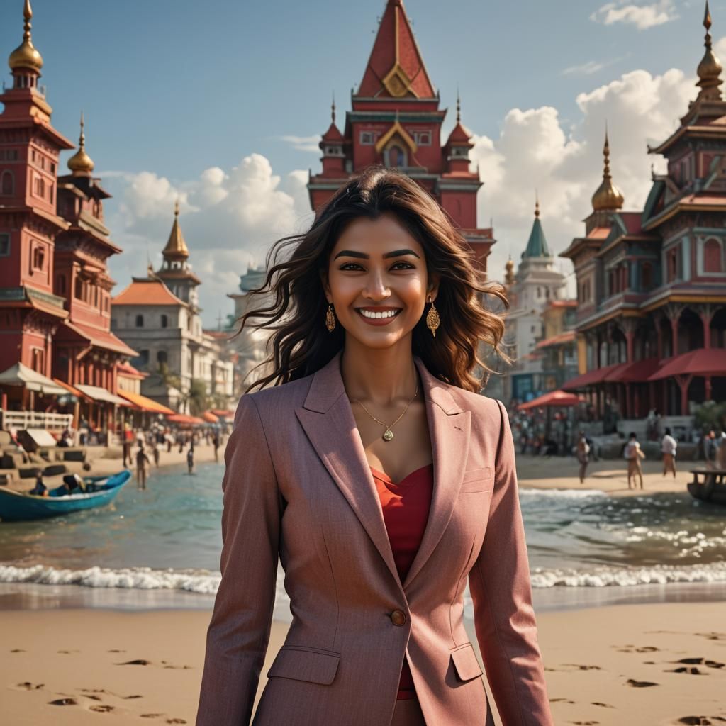 Smiling Woman Portrait on Beach in Detailed Fantasy Art