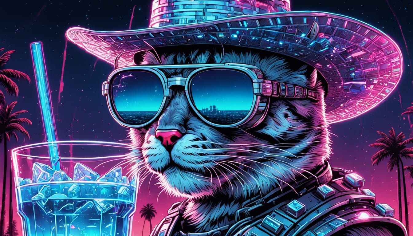 Cyberpunk Robotic Cat Sipping Cocktail on Neon Beach