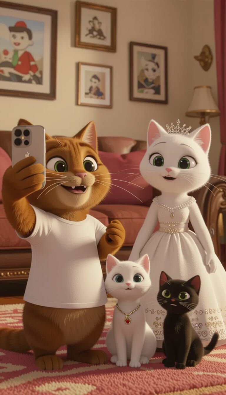 Cartoon Cat Family Selfie in Cozy Living Room