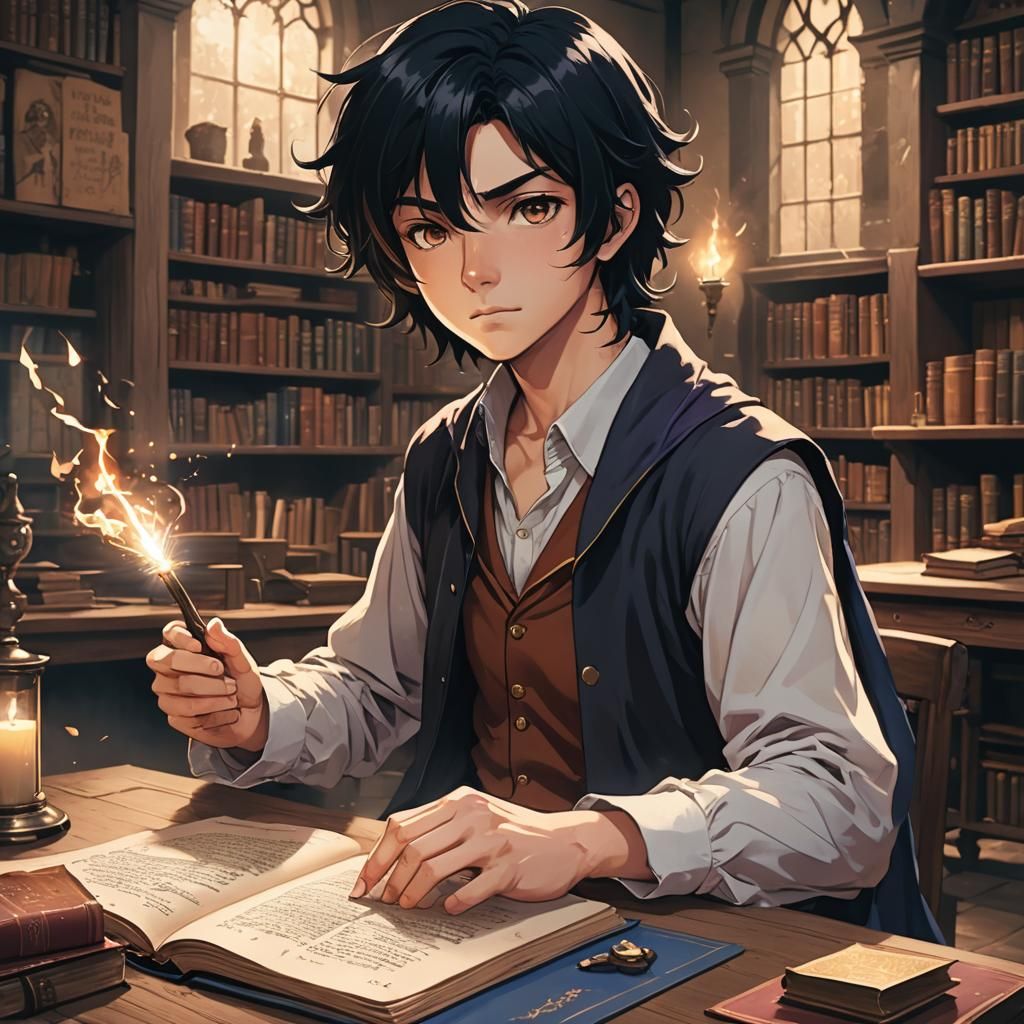 Teen Boy Casting Spell at Magic School Anime