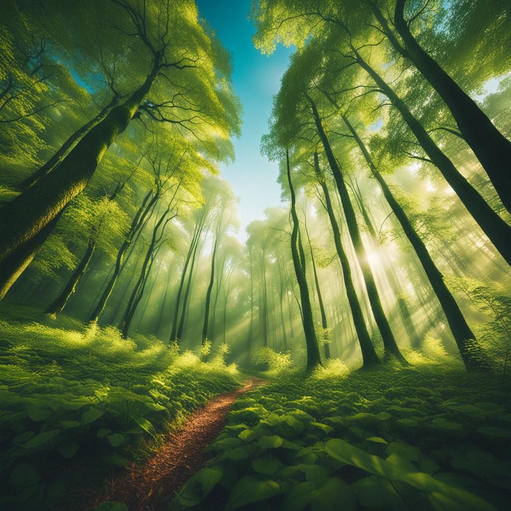 Serene Green Forest Under Blue Sky: Landscape Photography