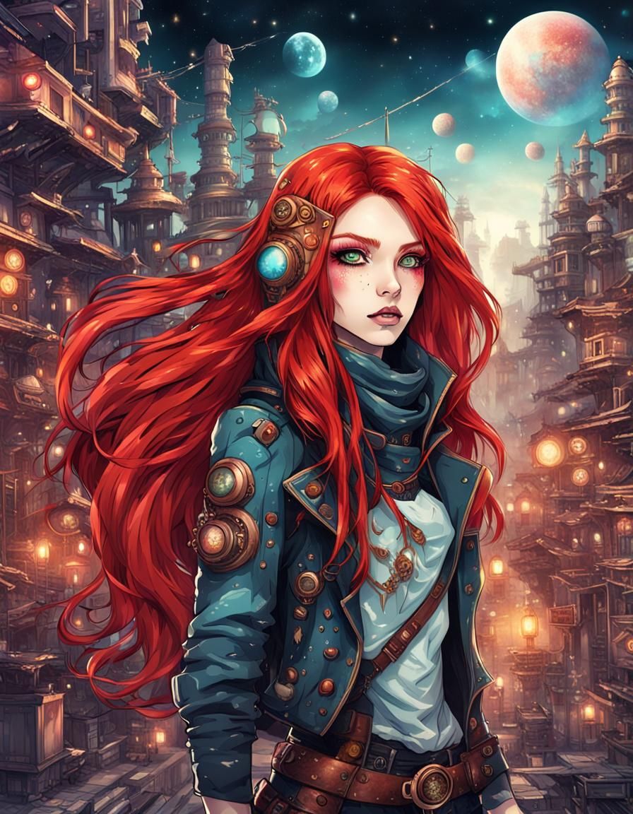 Cosmic Punk Girl in Steampunk City: Manga Style