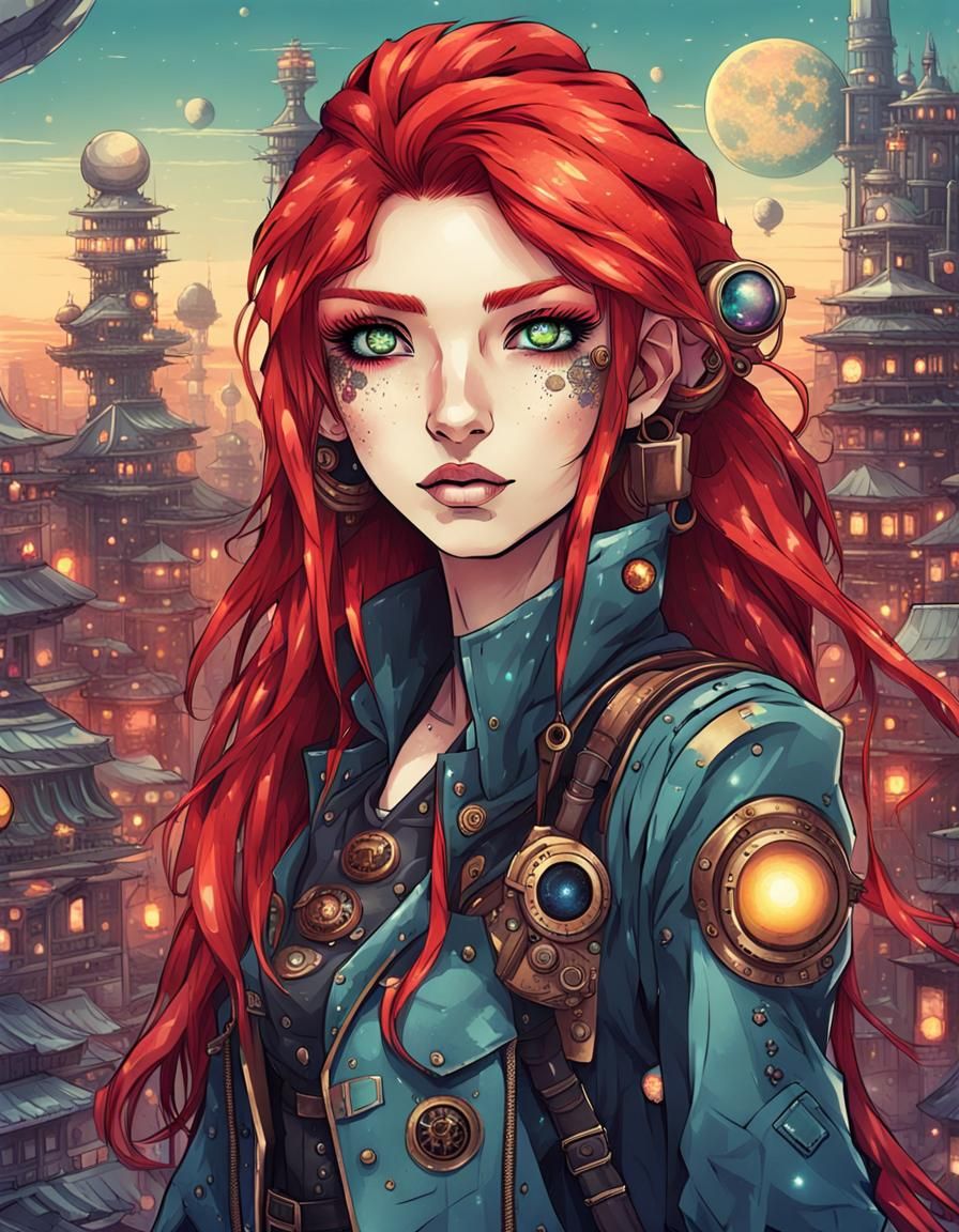 Cosmic Punk Girl in Steampunk City: Manga Style