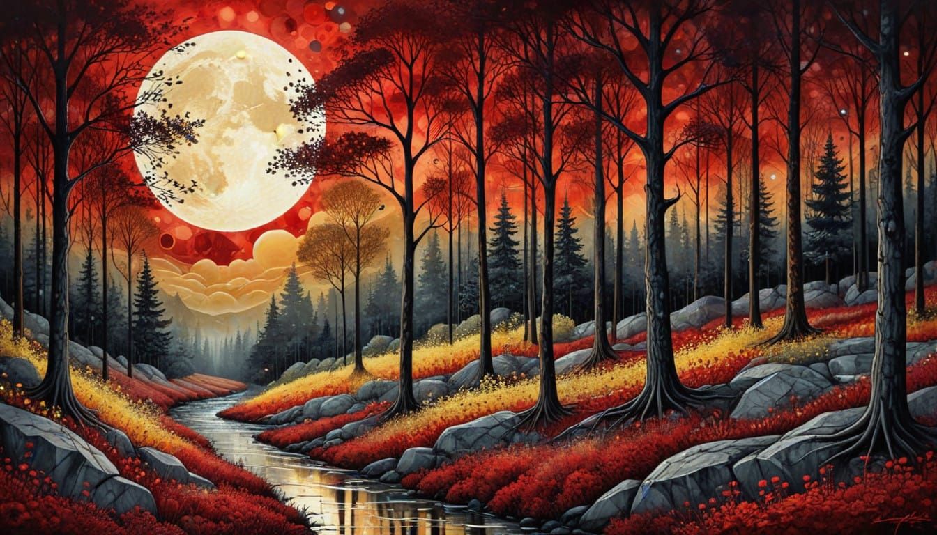 Surreal Forest Scene under a Full Moon in a Stylized Art Sty...
