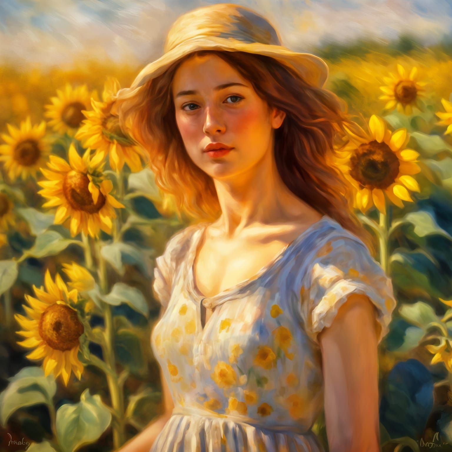 Woman in Sunflower Field: Impressionist Painting