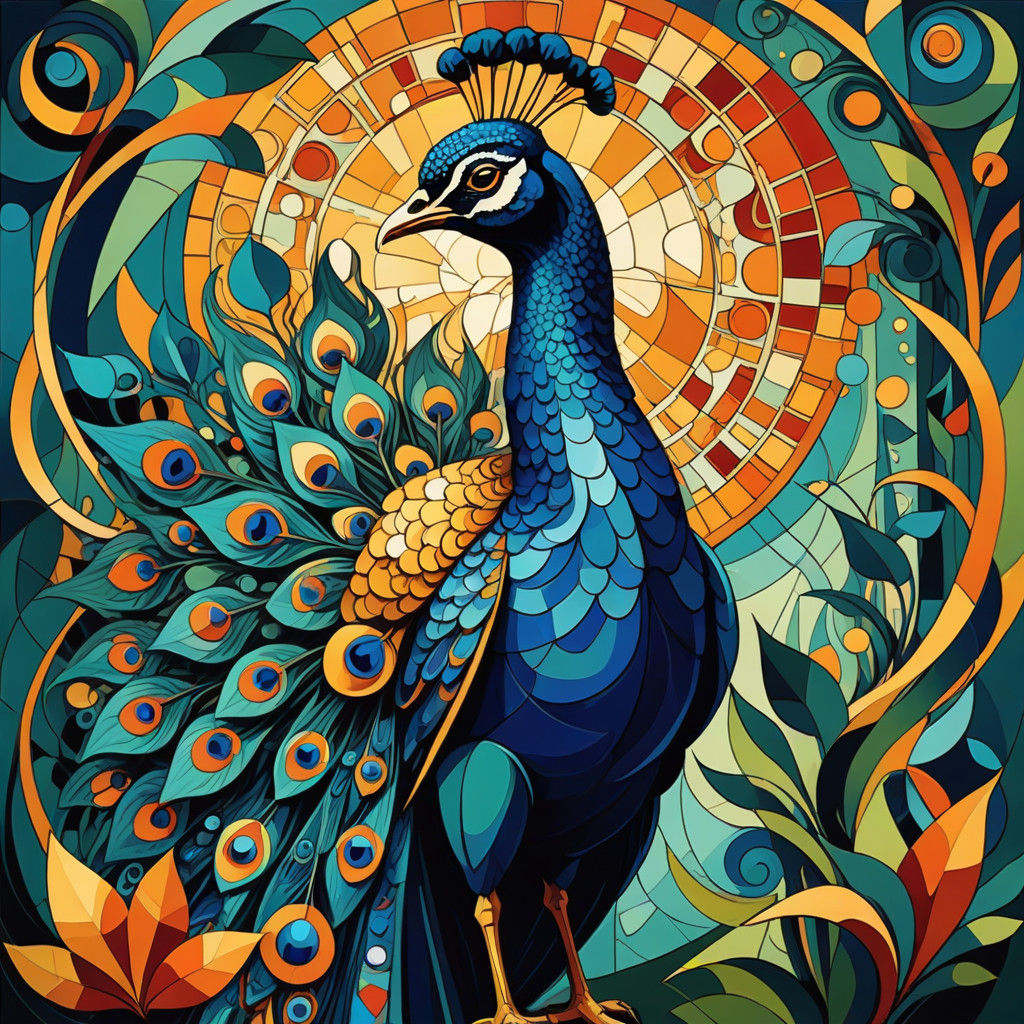Cubist Peacock Emerges from Vibrant Forest