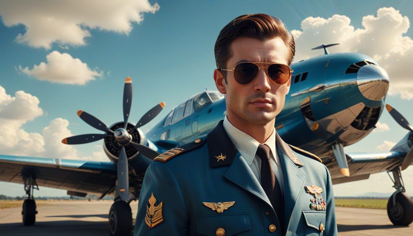 Handsome Pilot in Military Uniform on Sunny Airfield