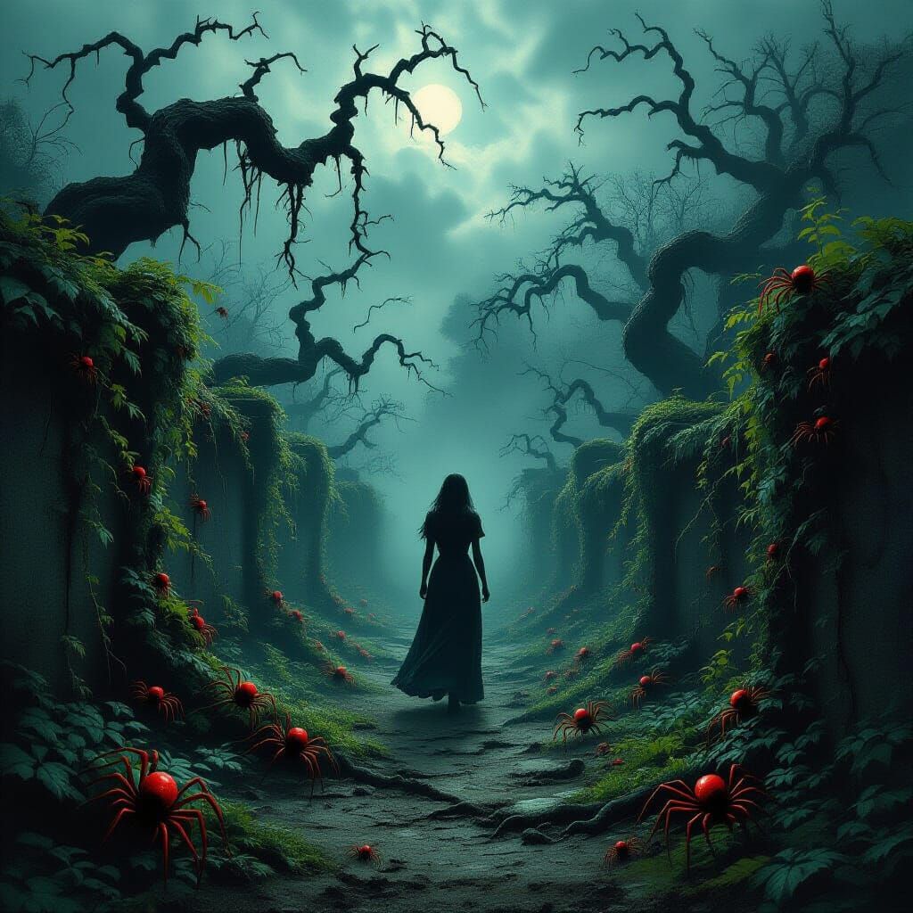 Ominous Garden with Haunting, Twisted Trees