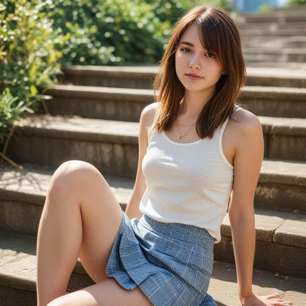 Young Woman on Outdoor Stairs in Photorealistic Portrait Pho...