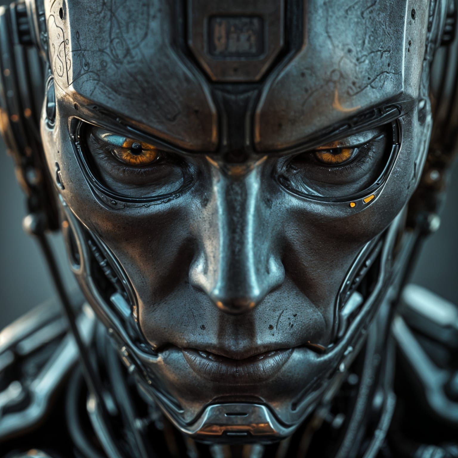 Cyborg Portrait in Dark Mechanical Realism