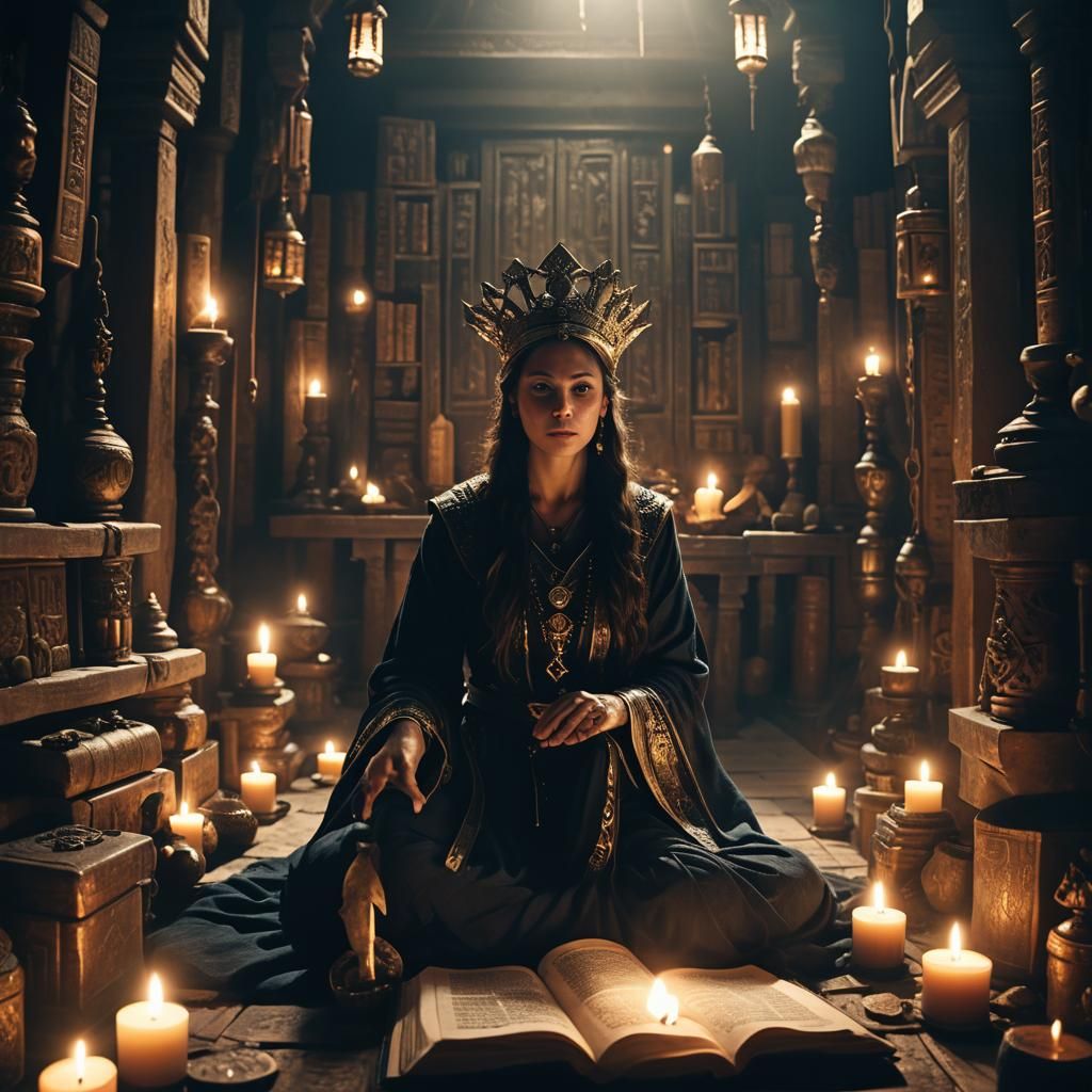 Mystical High Priestess in Dimly Lit Chamber