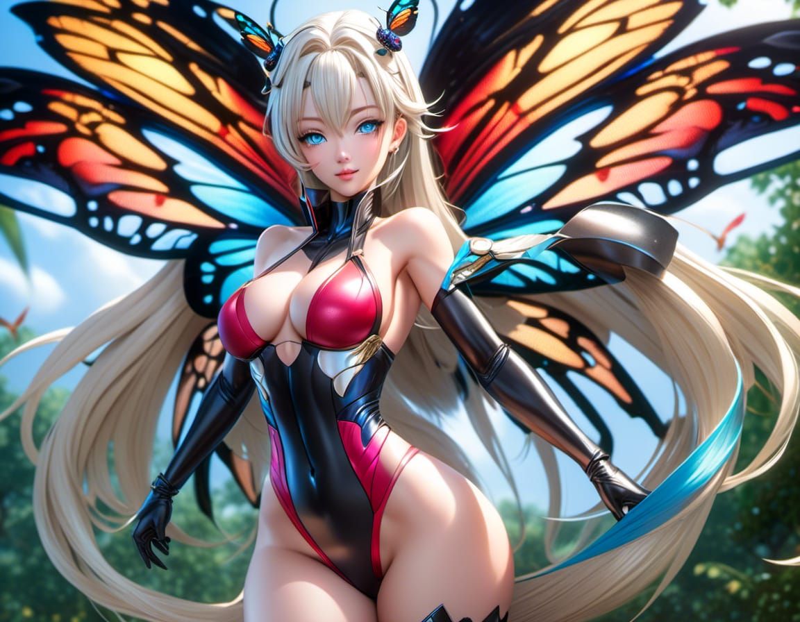 Blue-Haired Butterfly in Forest, Digital Art