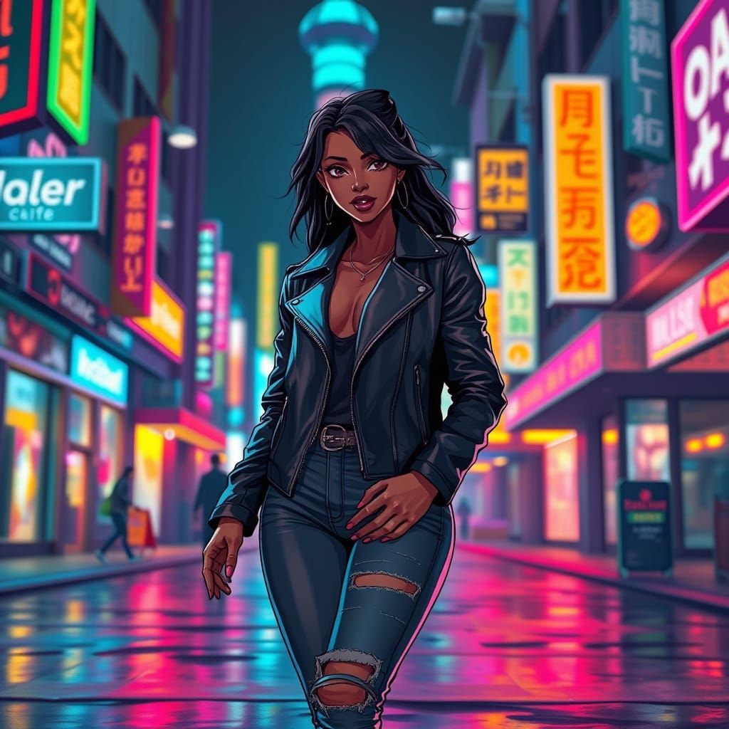 Cyberpunk Woman in Neon Cityscape, Anime Style