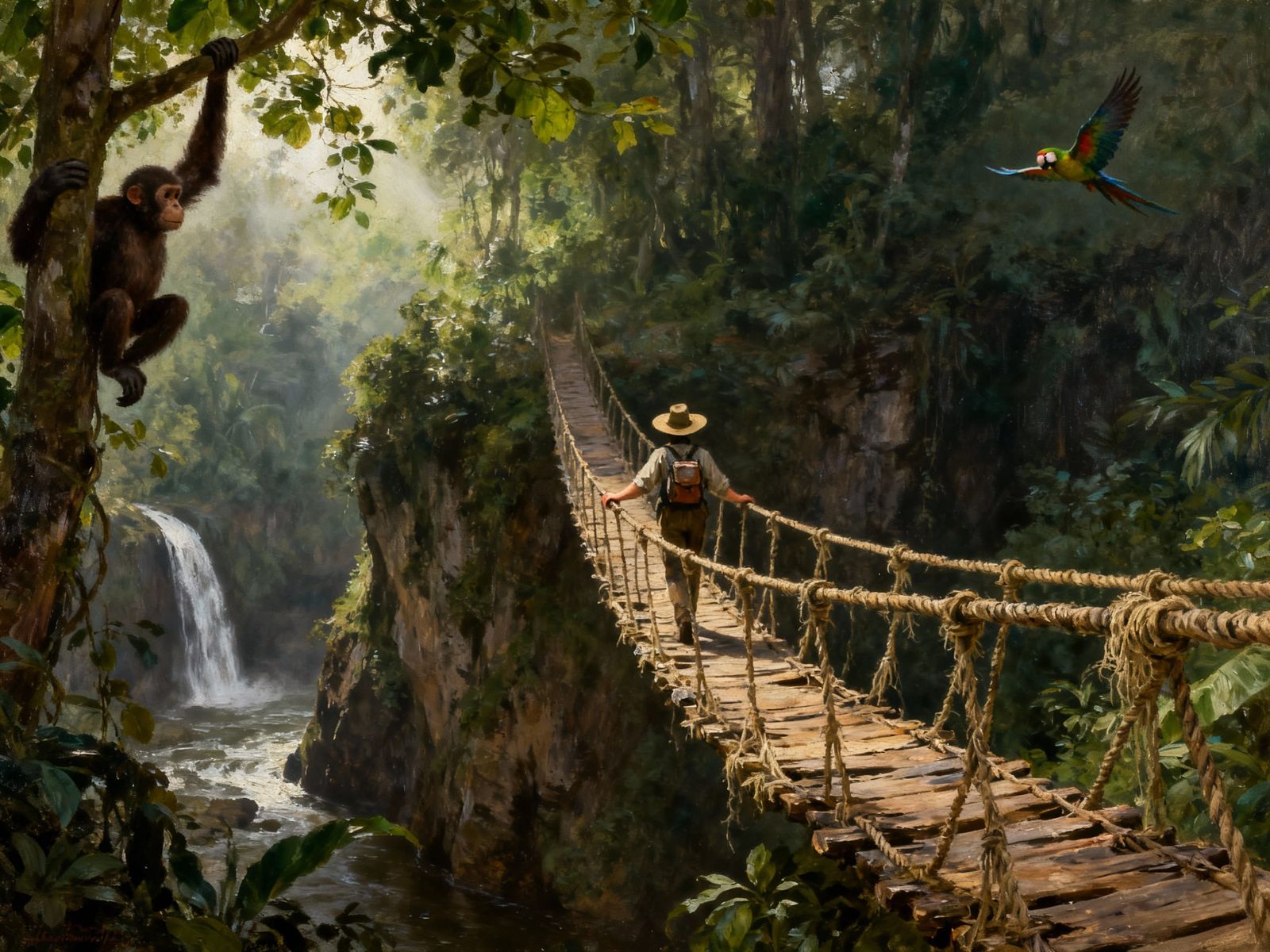 Adventurous Wanderer on a Rope Bridge in Lush Forest