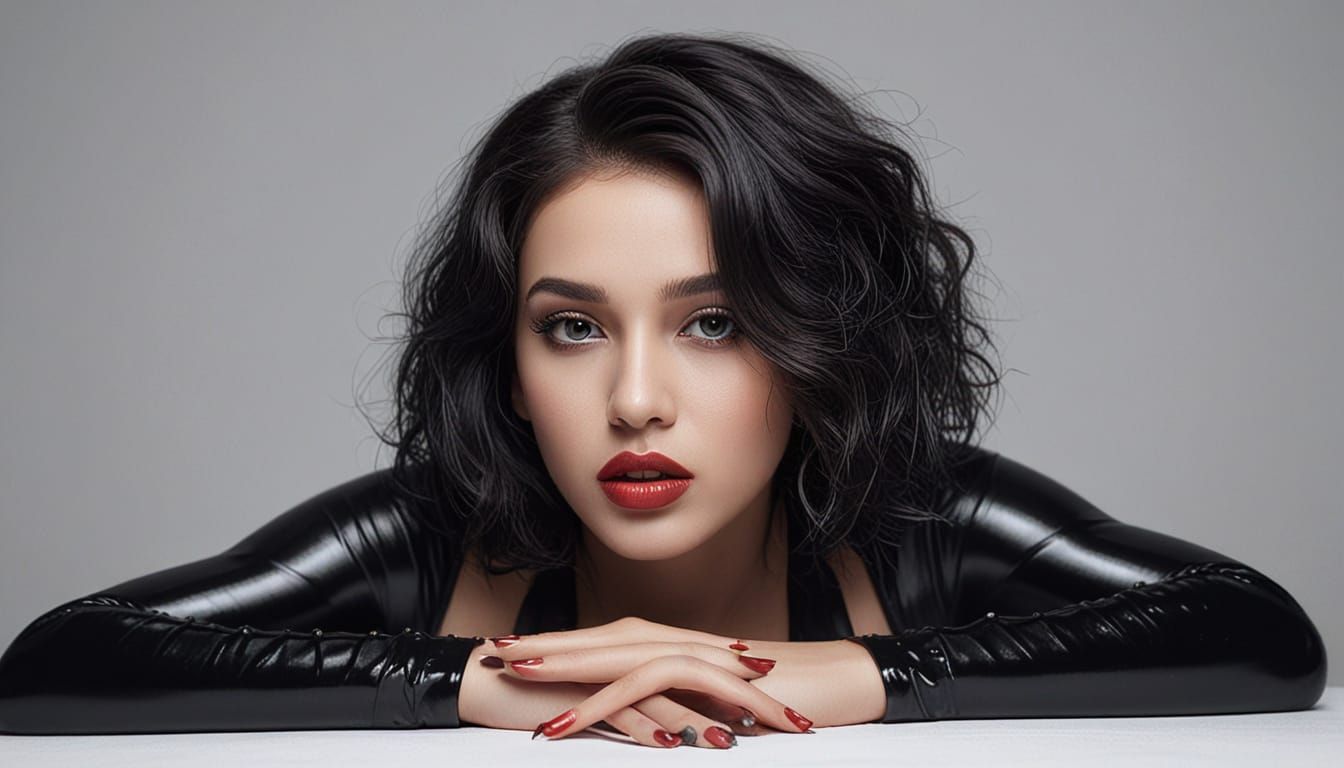 A woman in a black latex outfit lies on her stomach, her legs bent and her left foot resting on her right thigh. She is ...