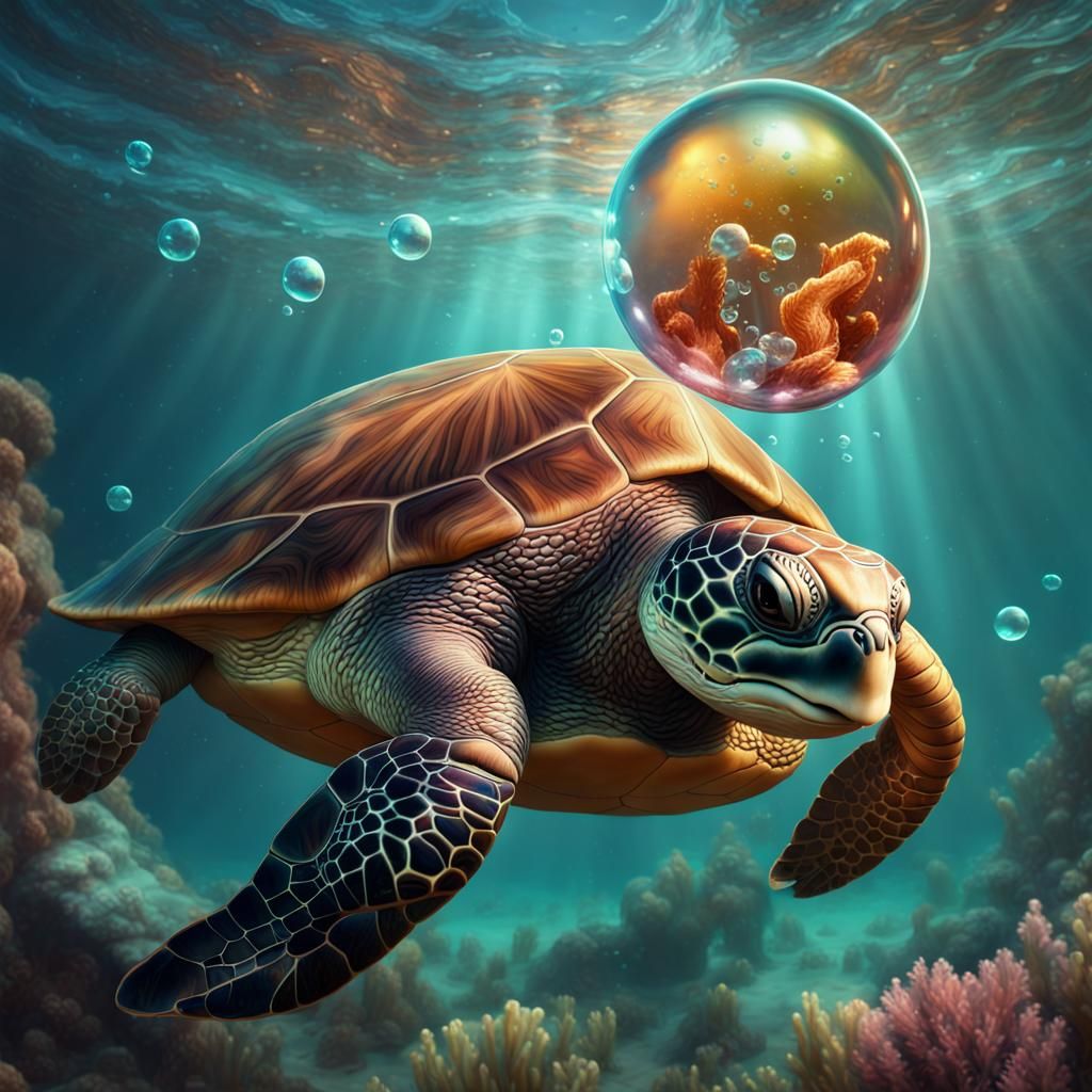 Surreal Sea Turtle Baby Blows Soap Bubble