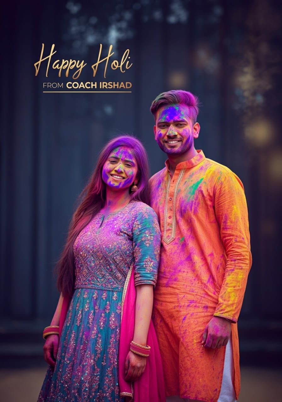 Joyful Indian Couple Celebrating Holi in Vibrant Colors