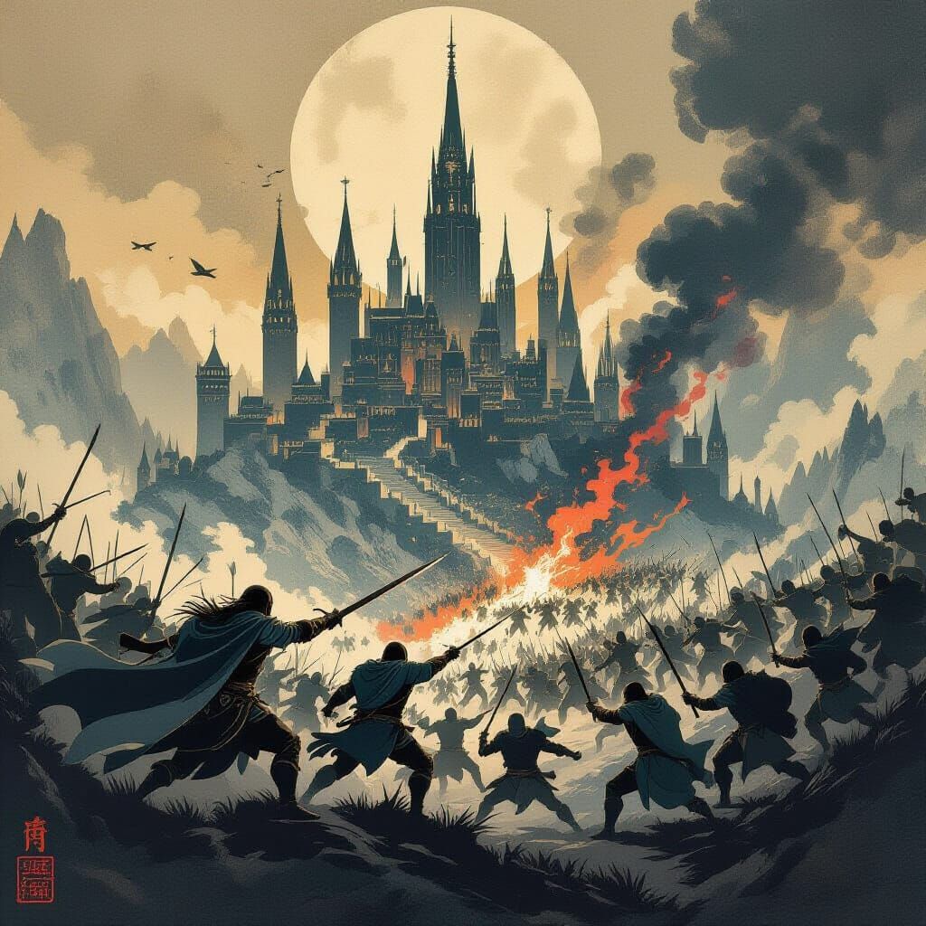 Ukiyo-e Style Battle: Rohan vs Goblins at Minas Tirith