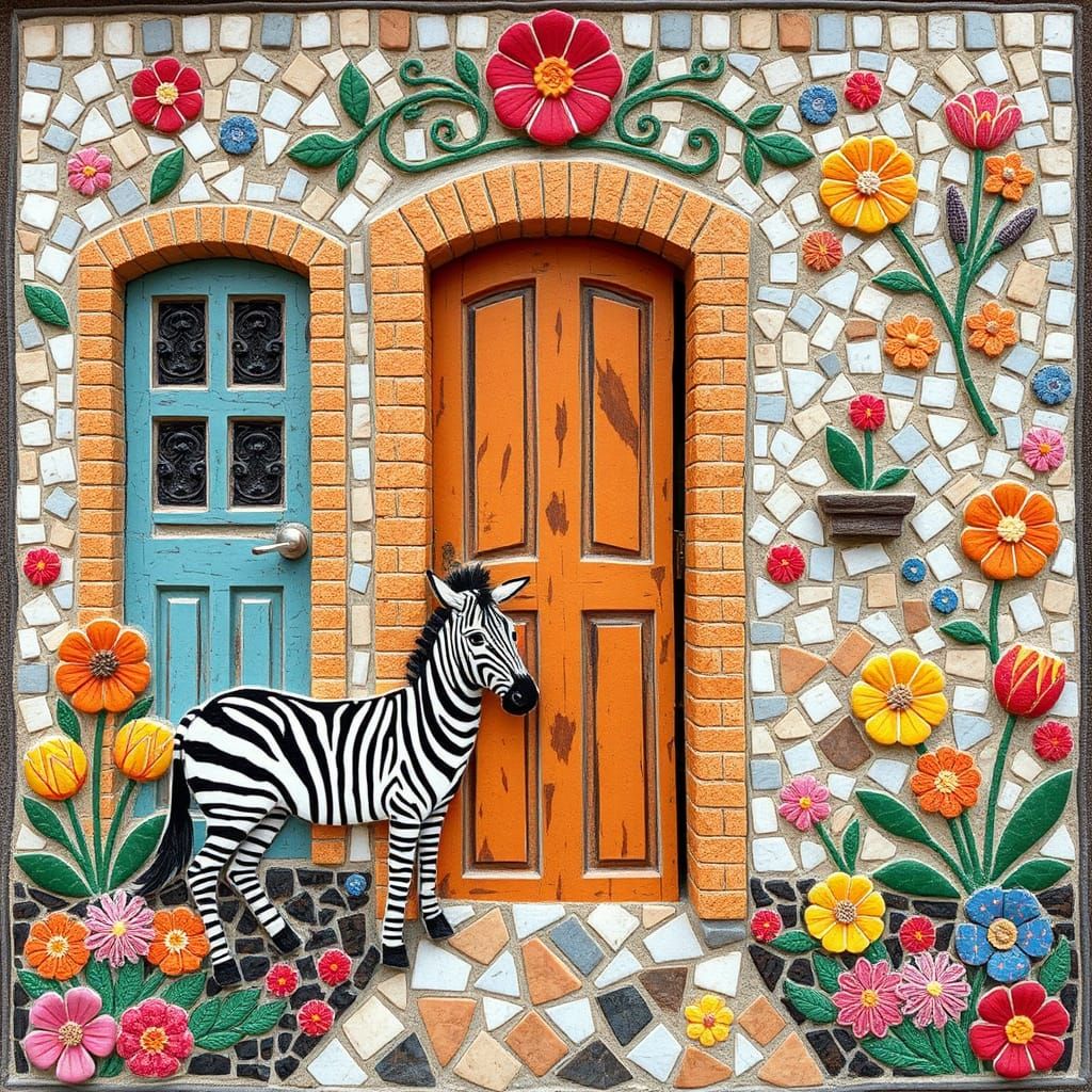 Colorful Mosaic Featuring Doorways, Zebras, and Flowers