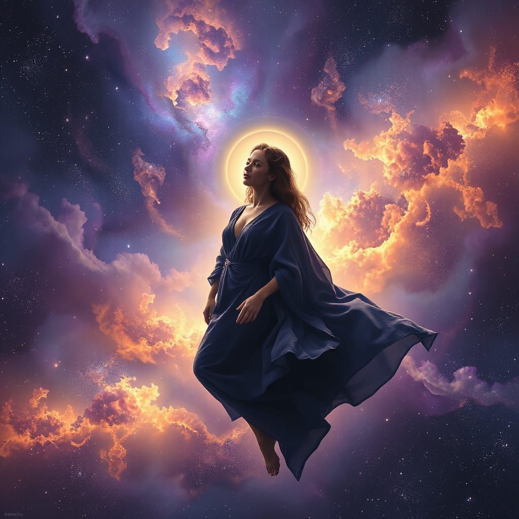 Cosmic Serenity: Feminine Figure in Starry Nebula
