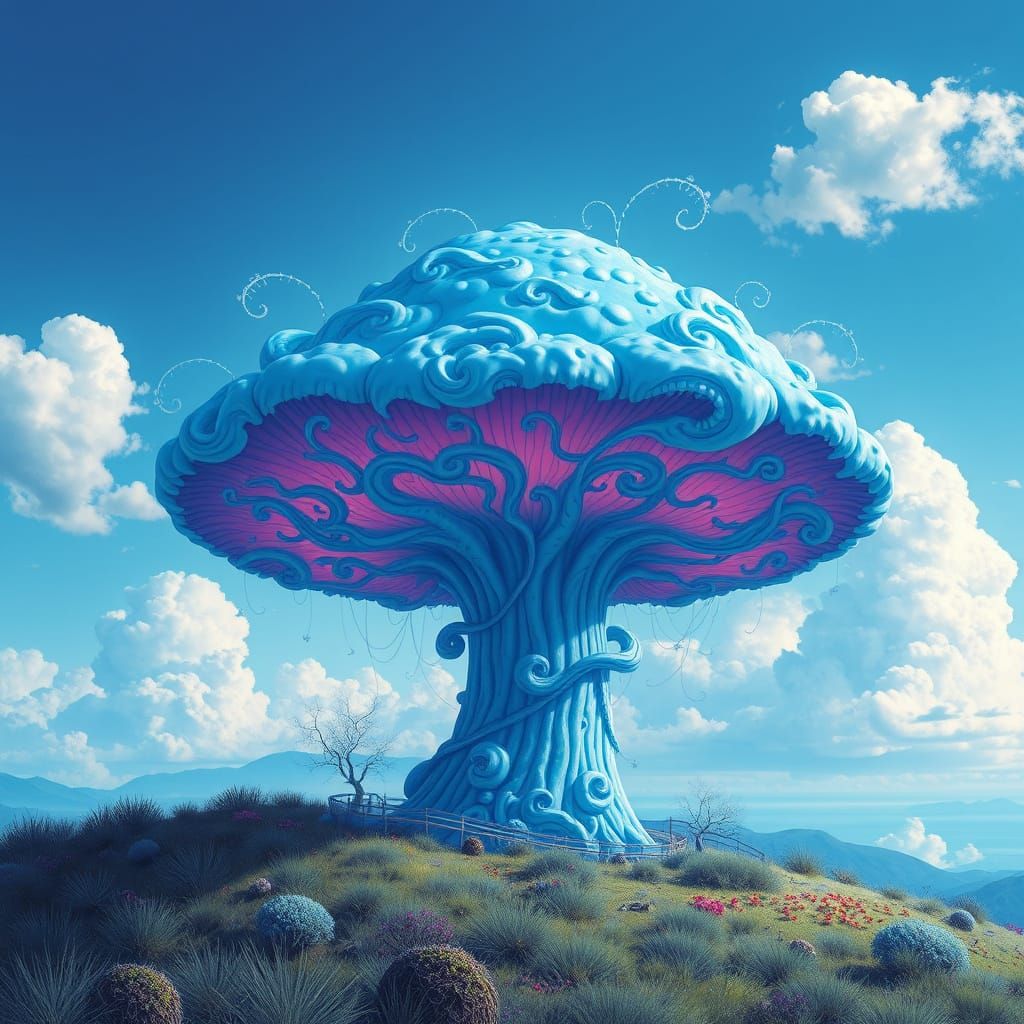 Electric Blue Mushroom Cloud in Futuristic Landscape
