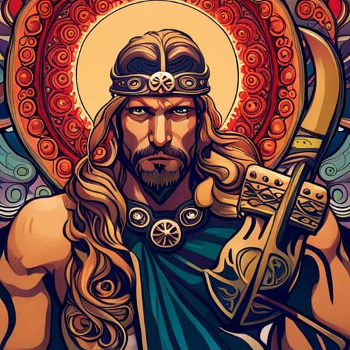 Viking Warrior Hippie in Art Nouveau Style