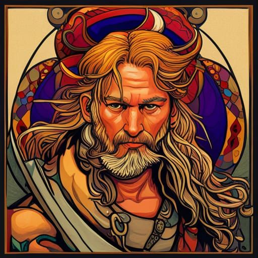 Viking Hippie Warrior in Psychedelic Art Nouveau Style