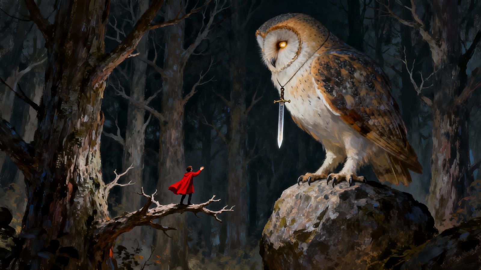 Tiny Adventurer Reaches for Sword in Owl's Grasp