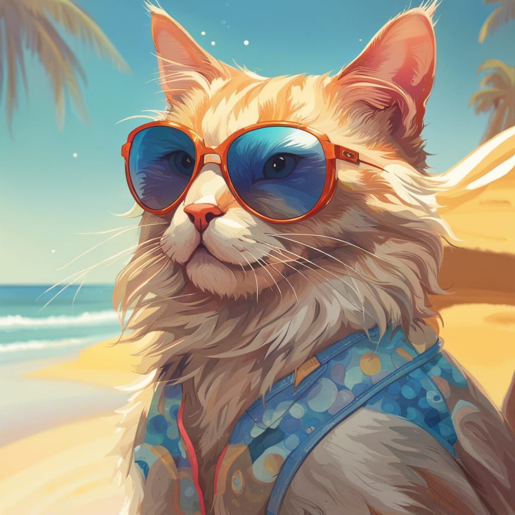 Cat Portrait at the Beach in Digital Art Style