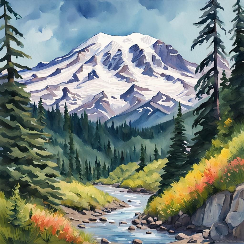 Mount Rainier Landscape in Gouache Watercolor Style