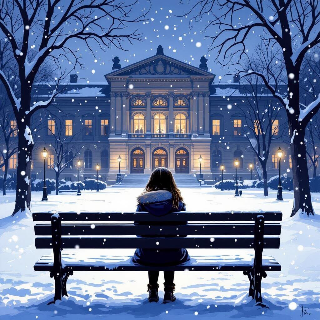 Girl on Snowy Park Bench Near Roman Museum
